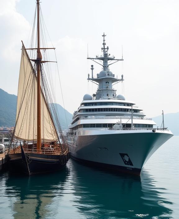 A traditional Japanese sailing vessel (wasen) moored next to a modern research ship
