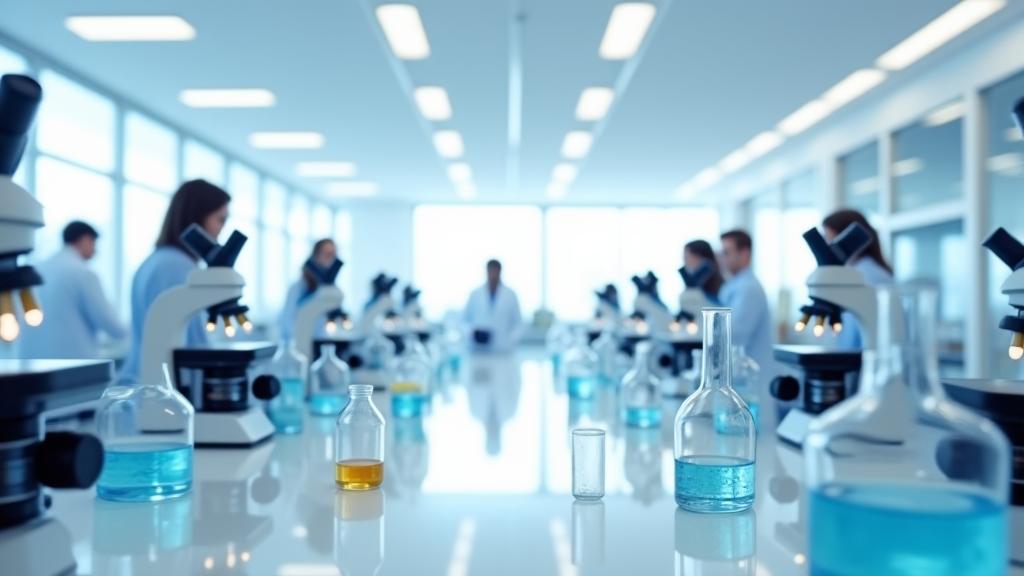 A modern marine biology lab with microscopes and water sample analysis equipment.