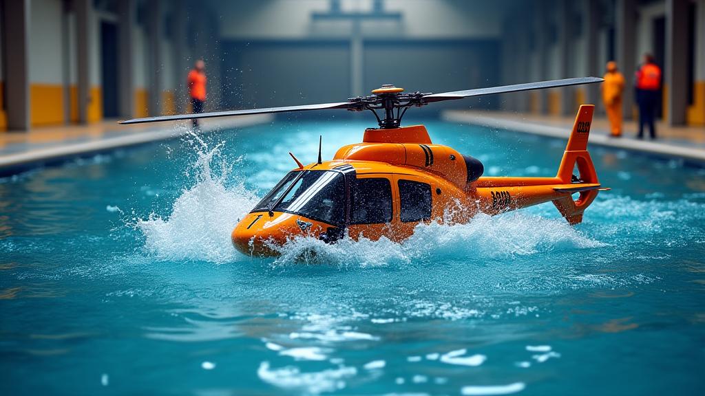 Indoor training pool with a wave generator and a helicopter underwater escape trainer (HUET).