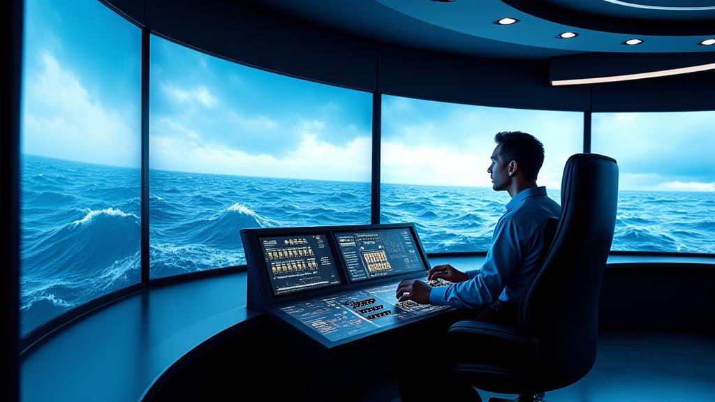 Full-mission ship bridge simulator with panoramic screens showing a stormy sea.