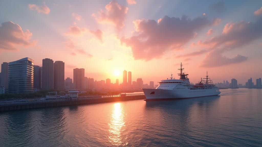 Panoramic view of the Yokohama Minatomirai port at sunset with a ship in the foreground