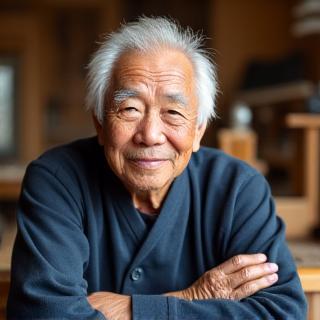 Headshot of Tatsuo Ito, an elderly craftsman, in his workshop.